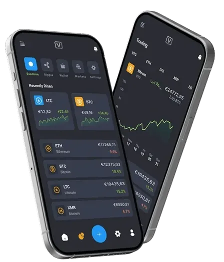 Das Bild zeigt zwei Smartphones mit laufenden Krypto-Tracking-Apps auf dem Bildschirm. Auf einem Bildschirm wird eine Liste von Kryptowährungen mit ihren aktuellen Preisen angezeigt, während auf dem anderen ein Diagramm der Preisänderungen von Kryptowährungen zu sehen ist. Die Oberflächen sind in dunklen Tönen gehalten.